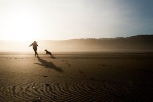 Femme partie en vacances avec son animal de compagnie courant sur la plage